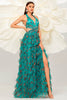 Load image into Gallery viewer, Dark Green Floral Halter A Line Tulle Prom Dress with Slit