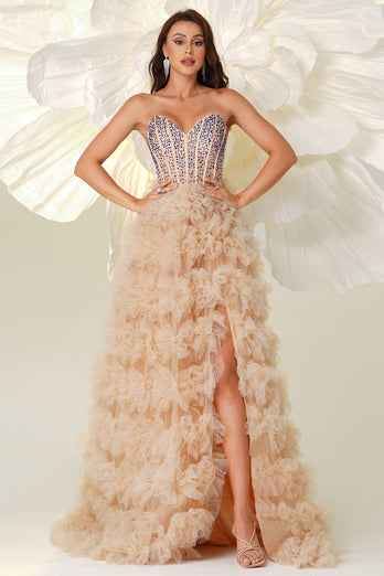 Champagne A Line Sweetheart Corset Tiered Tulle Long Prom Dress with Slit