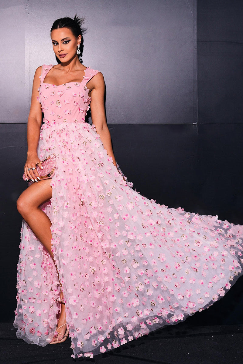 Load image into Gallery viewer, Pink A Line Tulle Slit Long Prom Dress with Appliques