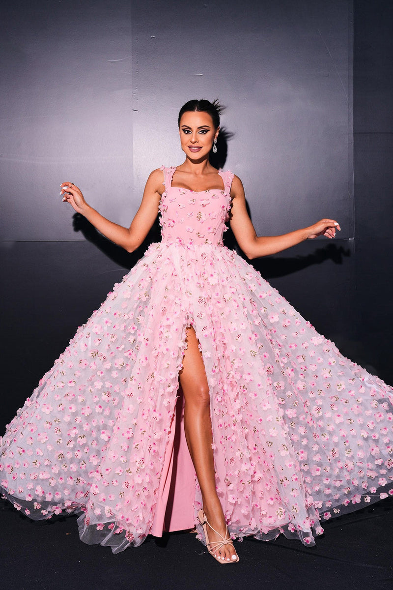 Load image into Gallery viewer, Pink A Line Tulle Slit Long Prom Dress with Appliques