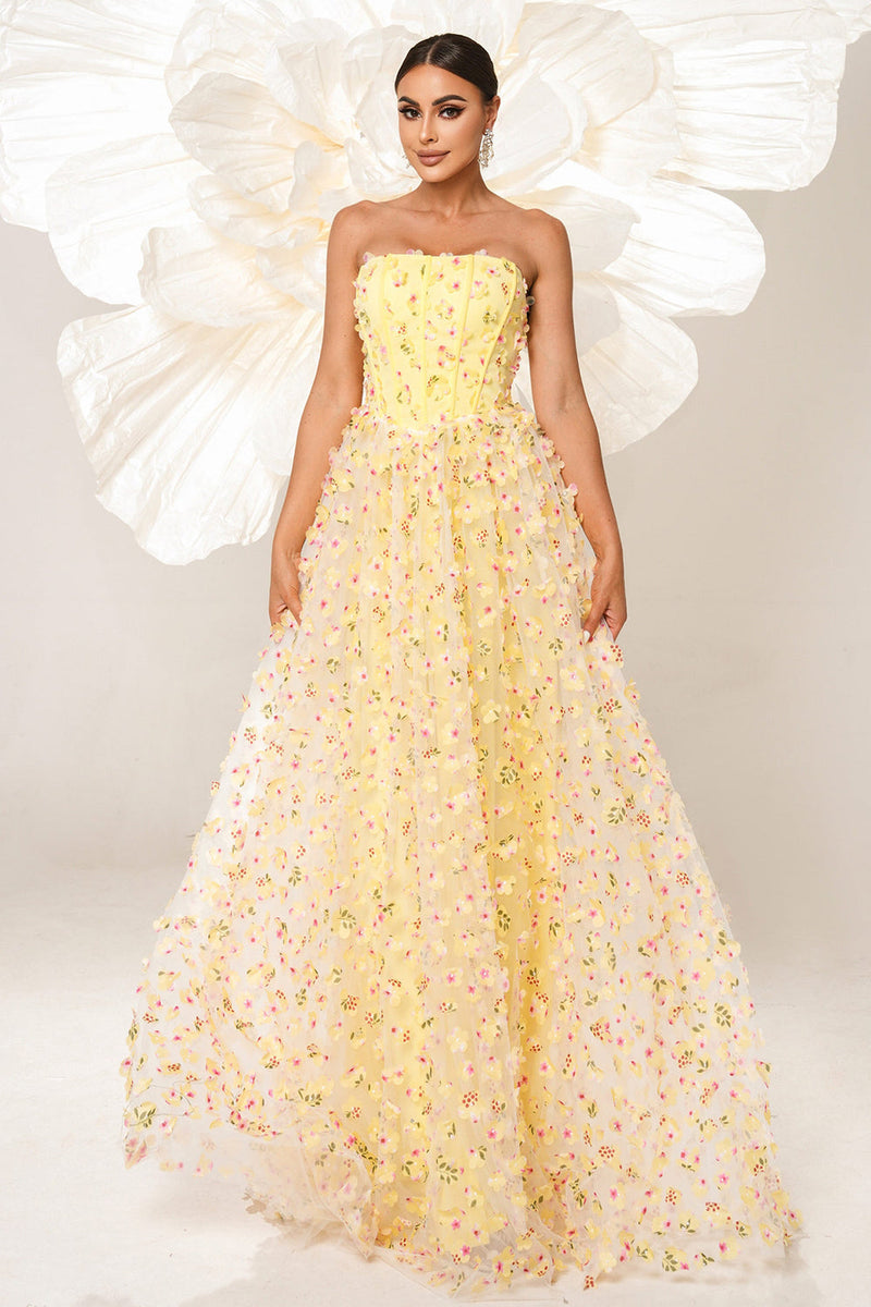 Load image into Gallery viewer, Yellow Strapless A Line Corset Tulle Long Prom Dress with Appliques