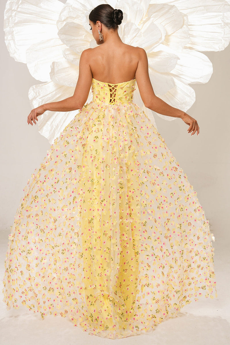 Load image into Gallery viewer, Yellow Strapless A Line Corset Tulle Long Prom Dress with Appliques