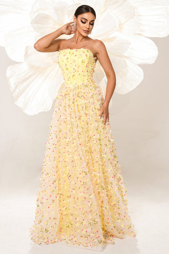 Yellow Strapless A Line Corset Tulle Long Prom Dress with Appliques