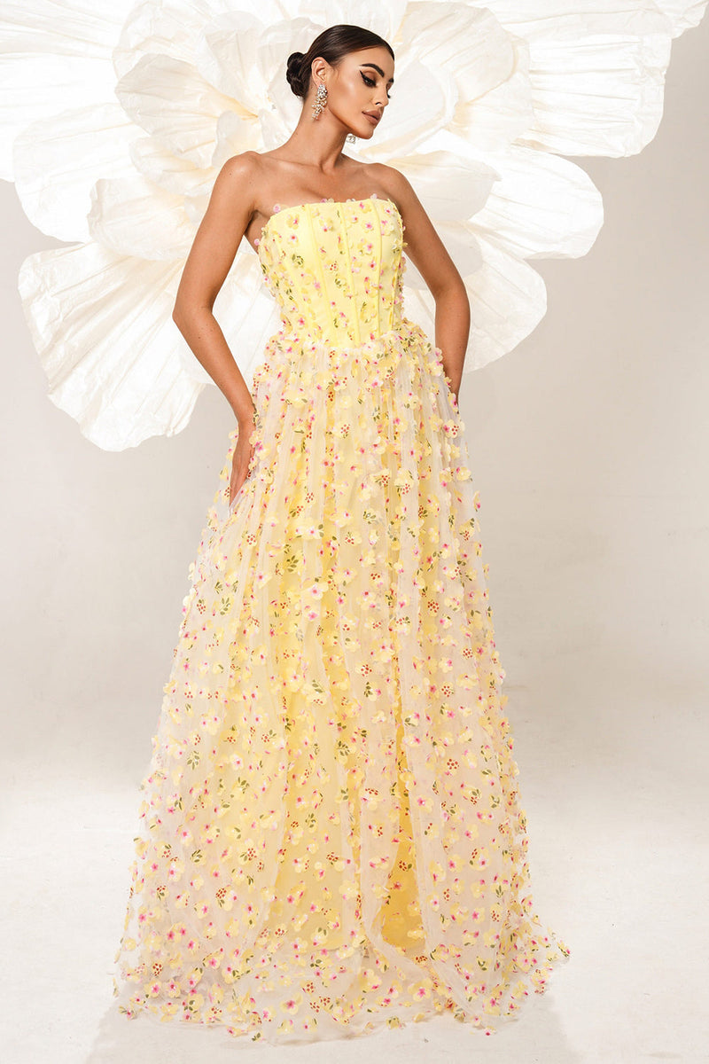 Load image into Gallery viewer, Yellow Strapless A Line Corset Tulle Long Prom Dress with Appliques