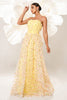 Load image into Gallery viewer, Yellow Strapless A Line Corset Tulle Long Prom Dress with Appliques