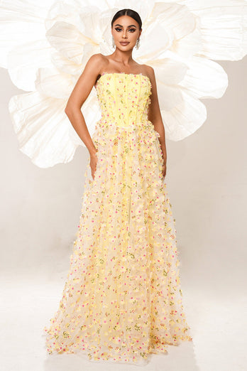 Yellow Strapless A Line Corset Tulle Long Prom Dress with Appliques