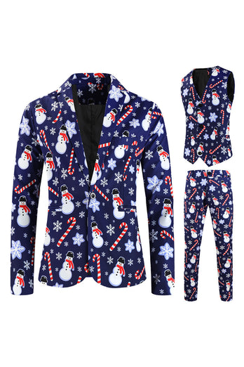 Navy Snowmen Printed 3 Pieces Men's Christmas Suits