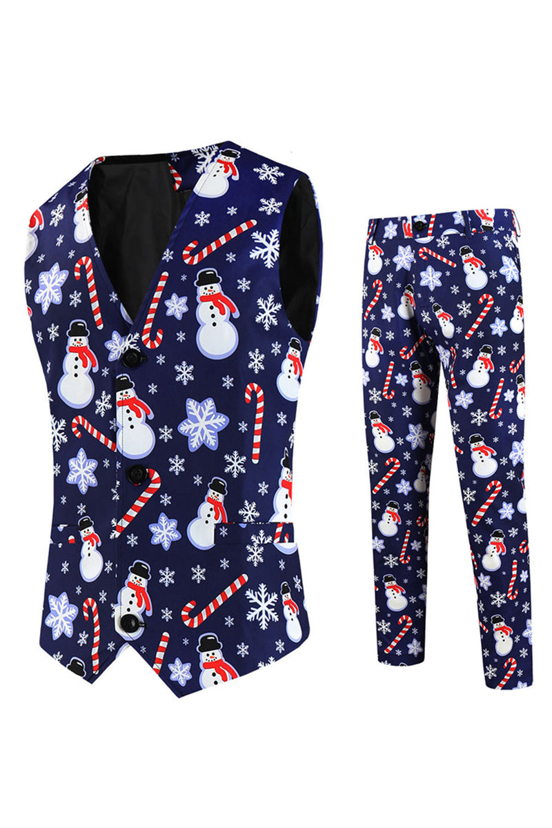 Load image into Gallery viewer, Navy Snowmen Printed 3 Pieces Men&#39;s Christmas Suits