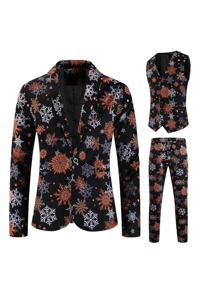 Load image into Gallery viewer, Black Snowflake Printed 3 Pieces Men&#39;s Christmas Suit