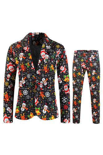 Black Notched Lapel Snowmen Printed Christmas Slim Fitted Men Suits