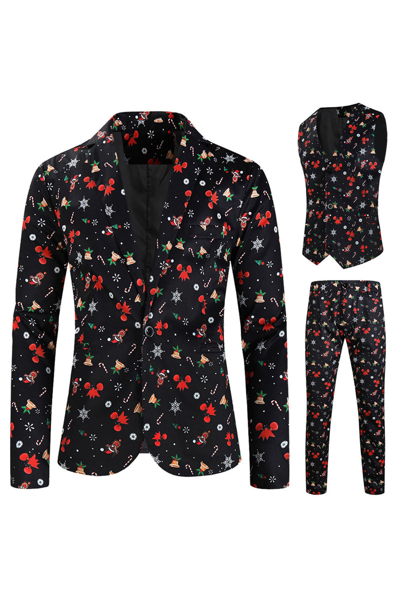 Load image into Gallery viewer, Black Christmas Printed 3 Pieces Notched Lapel Men&#39;s Festival Suits