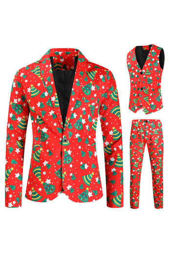 Red Christmas Green Tree Printed 3 Pieces Men's Festival Suits