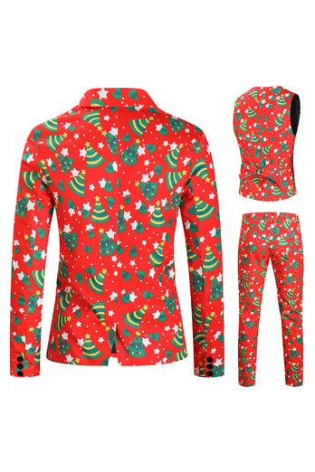 Red Christmas Green Tree Printed 3 Pieces Men's Festival Suits