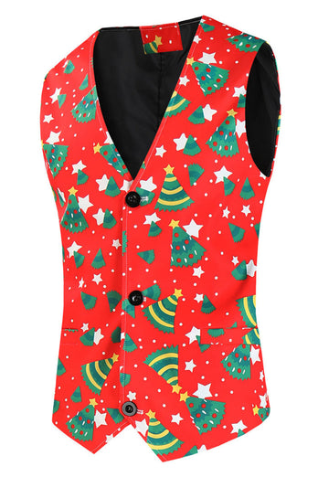 Red Christmas Green Tree Printed 3 Pieces Men's Festival Suits