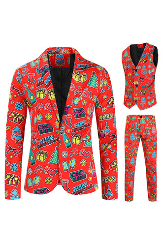 Red Notched Lapel Christmas Printed 3 Pieces Men's Suits