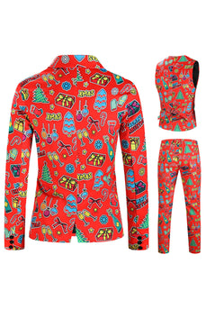 Red Notched Lapel Christmas Printed 3 Pieces Men's Suits