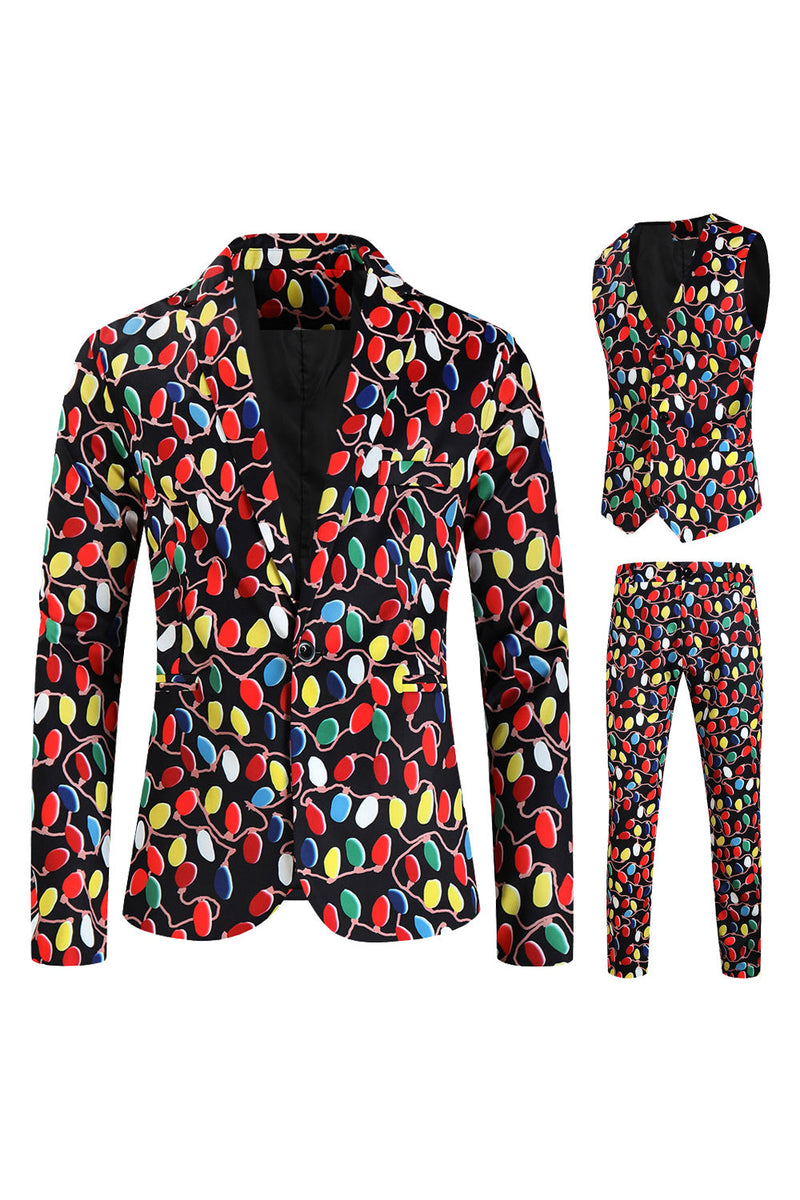 Load image into Gallery viewer, Black Notched Lapel Colorful Printed Christmas 3 Pieces Men&#39;s Suits