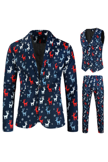 Dark Blue Elk Print 3-Pieces Men's Christmas Suits