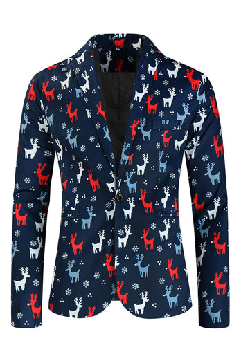 Dark Blue Elk Print 3-Pieces Men's Christmas Suits