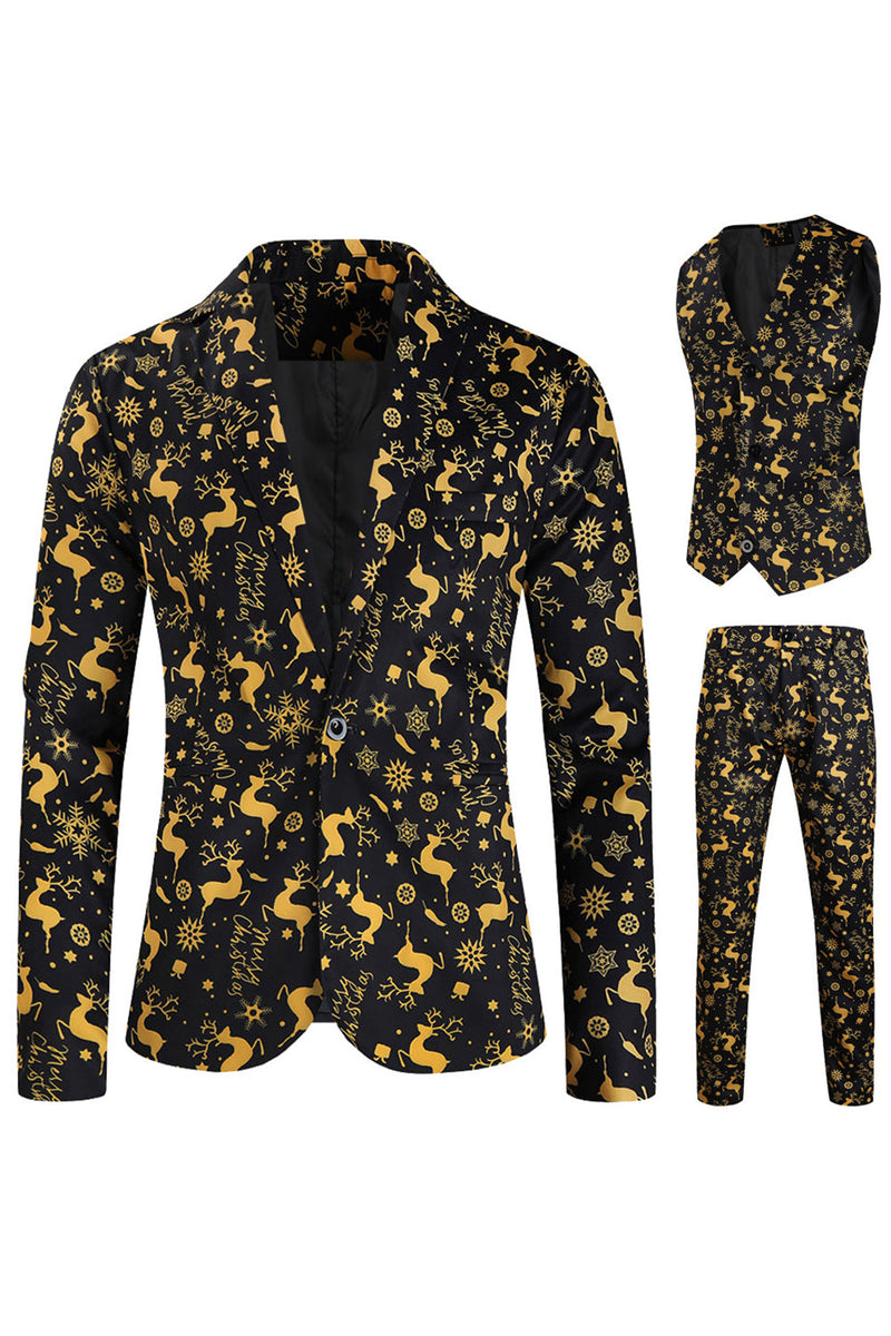 Load image into Gallery viewer, Black 3-Pieces Yellow Elk Printed Men&#39;s Christmas Suits