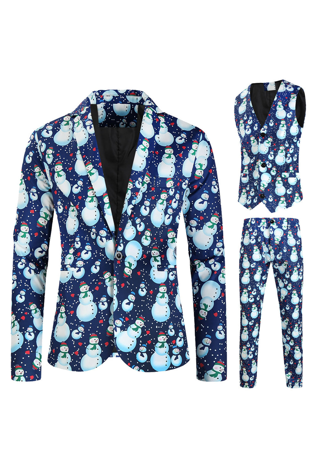 Light Blue 3-Pieces Snowman Printed Men's Christmas Party Suits