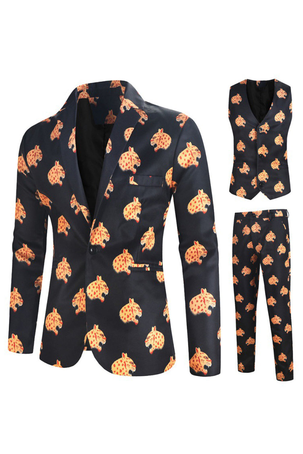 Black Animal Printed 3-Pieces Men's Party Suits