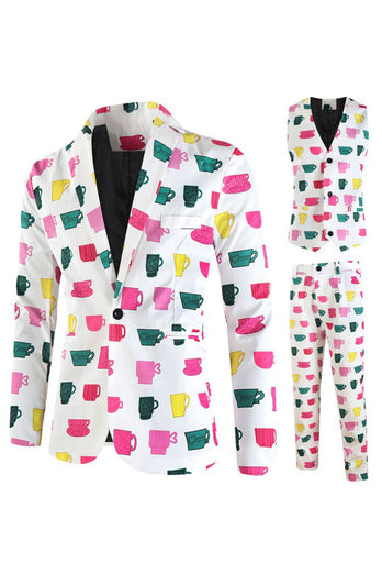 White Colorful Mug Christmas Print Men's Party Suits