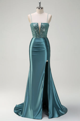 Dusty Green Mermaid Spaghetti Straps Long Prom Dress with Slit