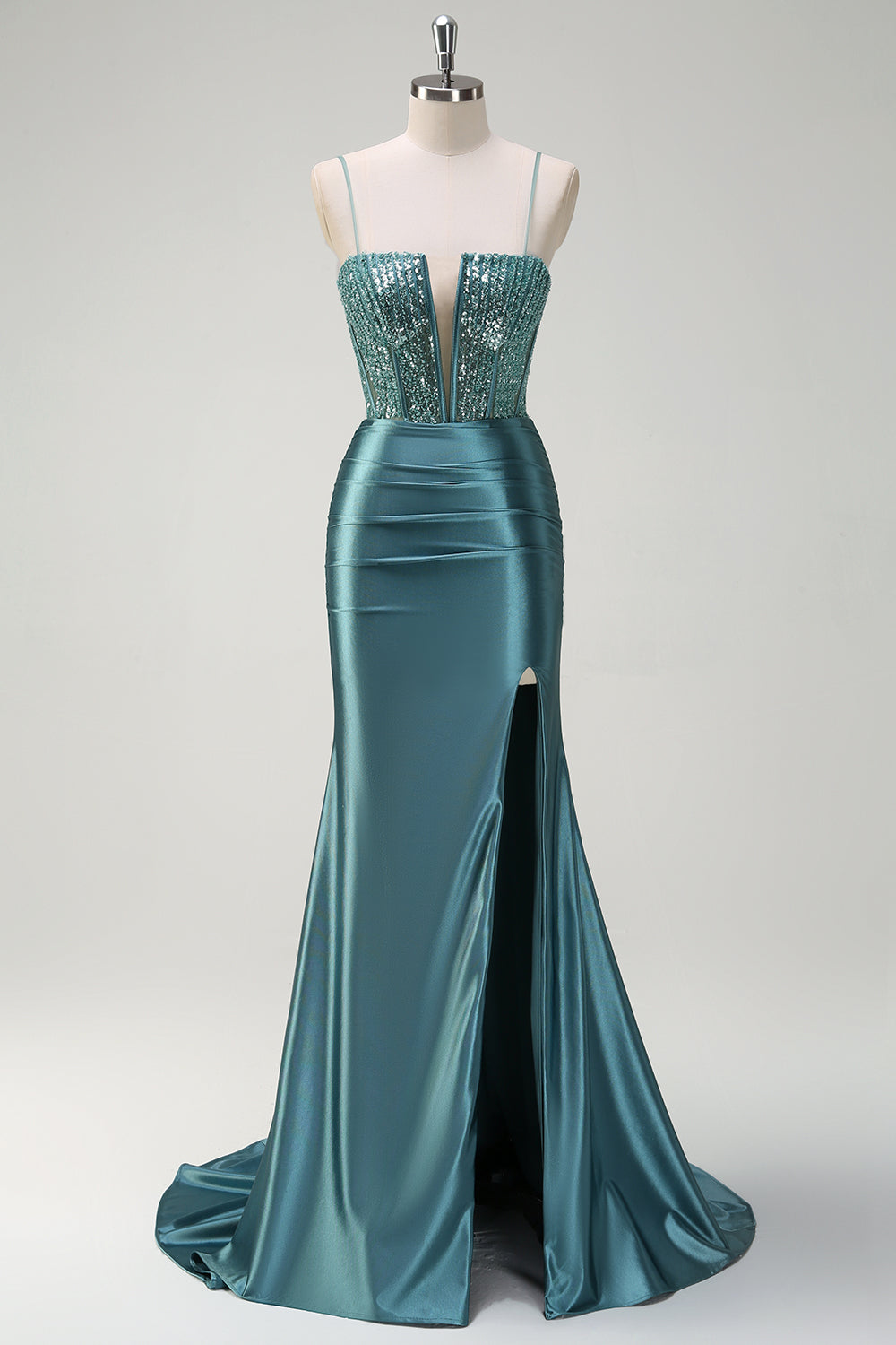 Dusty Green Mermaid Spaghetti Straps Long Prom Dress with Slit