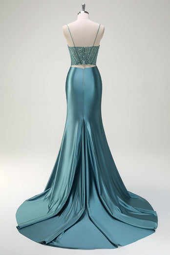 Dusty Green Mermaid Spaghetti Straps Long Prom Dress with Slit