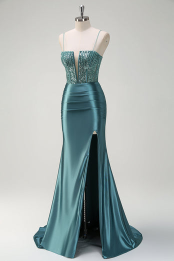 Dusty Green Mermaid Spaghetti Straps Long Prom Dress with Slit