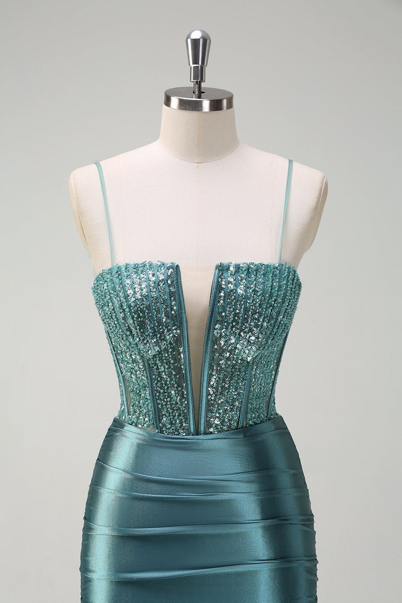 Load image into Gallery viewer, Dusty Green Mermaid Spaghetti Straps Long Prom Dress with Slit