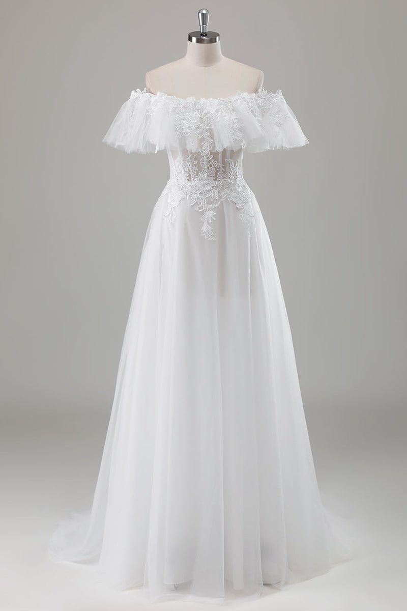 Load image into Gallery viewer, Ivory Off the Shoulder A-Line Wedding Dress with Appliqued Lace