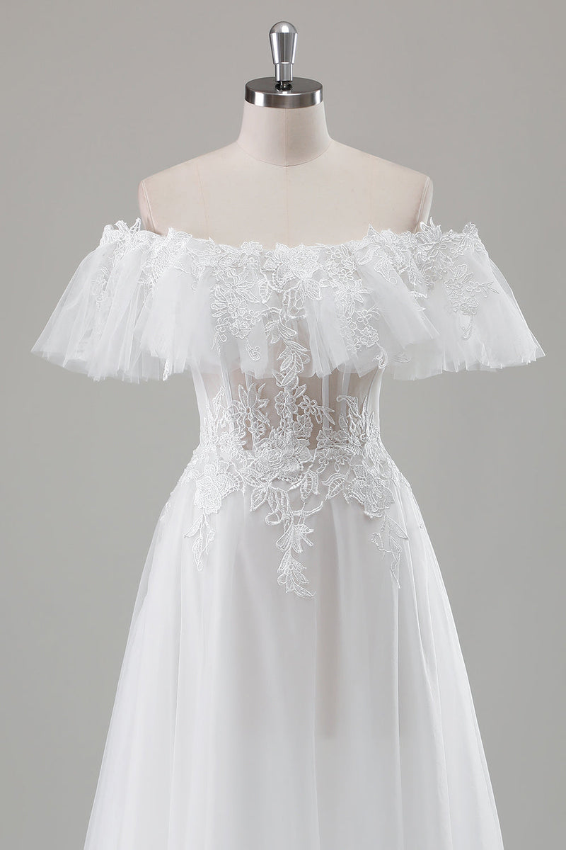 Load image into Gallery viewer, Ivory Off the Shoulder A-Line Wedding Dress with Appliqued Lace