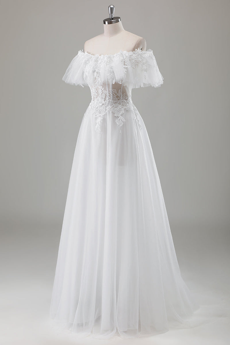 Load image into Gallery viewer, Ivory Off the Shoulder A-Line Wedding Dress with Appliqued Lace