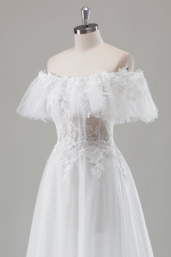 Ivory Off the Shoulder A-Line Wedding Dress with Appliqued Lace