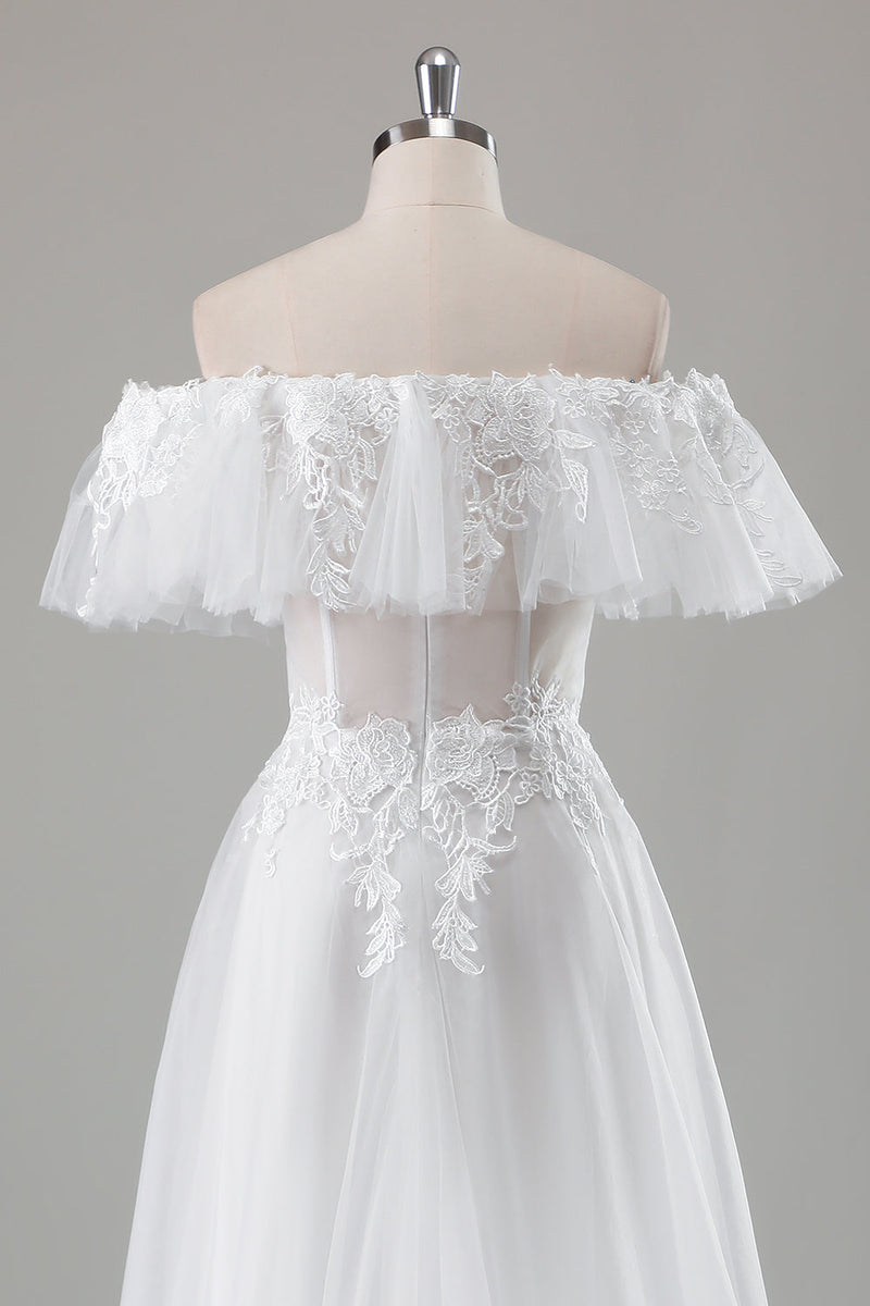 Load image into Gallery viewer, Ivory Off the Shoulder A-Line Wedding Dress with Appliqued Lace