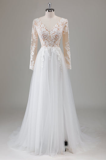 Ivory V-Neck Long Sleeves Appliqued Wedding Dress with Slit