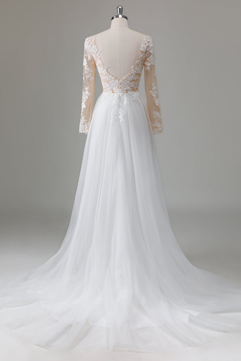 Load image into Gallery viewer, Ivory V-Neck Long Sleeves Appliqued Wedding Dress with Slit