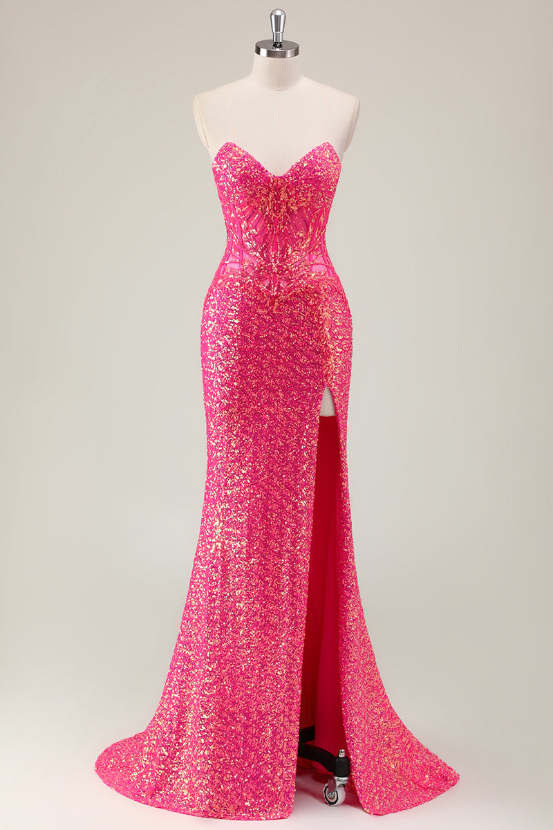 Load image into Gallery viewer, Sparkly Fuchsia Mermaid Strapless Long Prom Dress with Slit