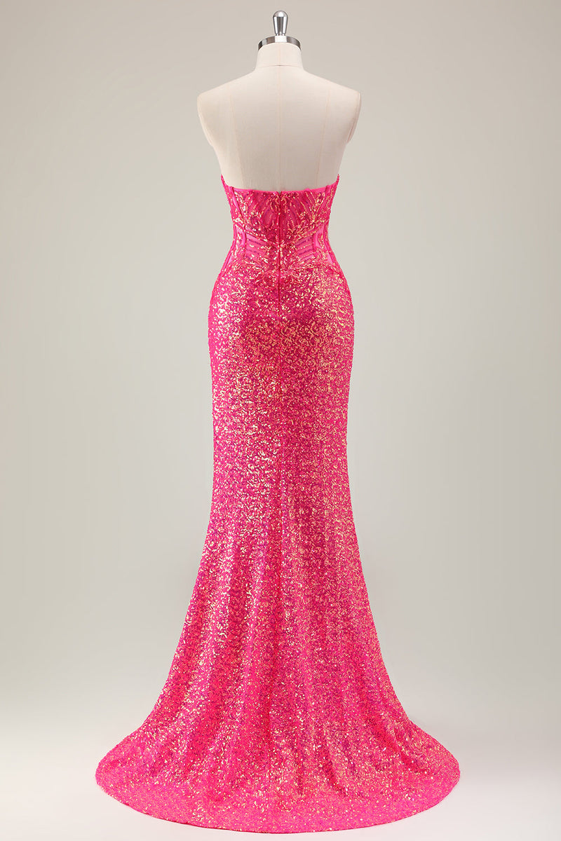 Load image into Gallery viewer, Sparkly Fuchsia Mermaid Strapless Long Prom Dress with Slit