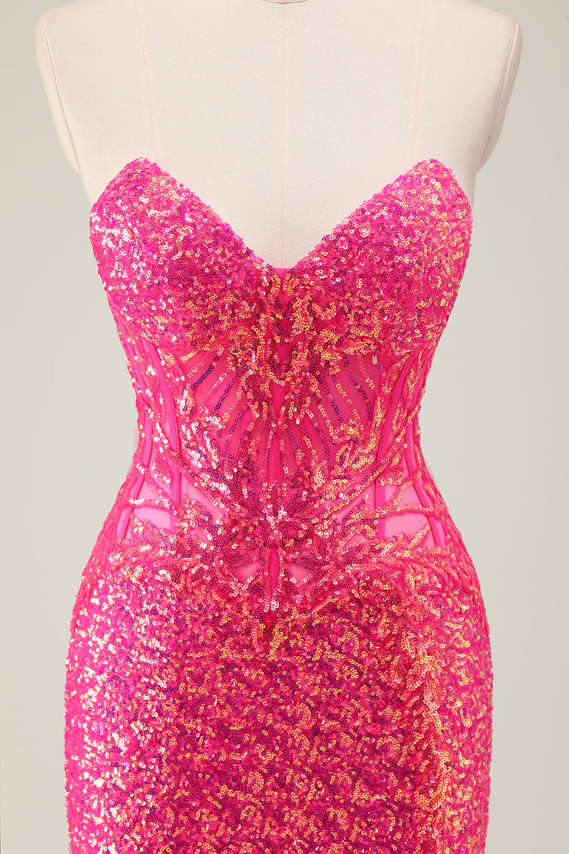 Load image into Gallery viewer, Sparkly Fuchsia Mermaid Strapless Long Prom Dress with Slit