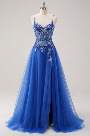 Royal Blue A Line Spaghetti Straps Corset Tulle Prom Dress With Appliques