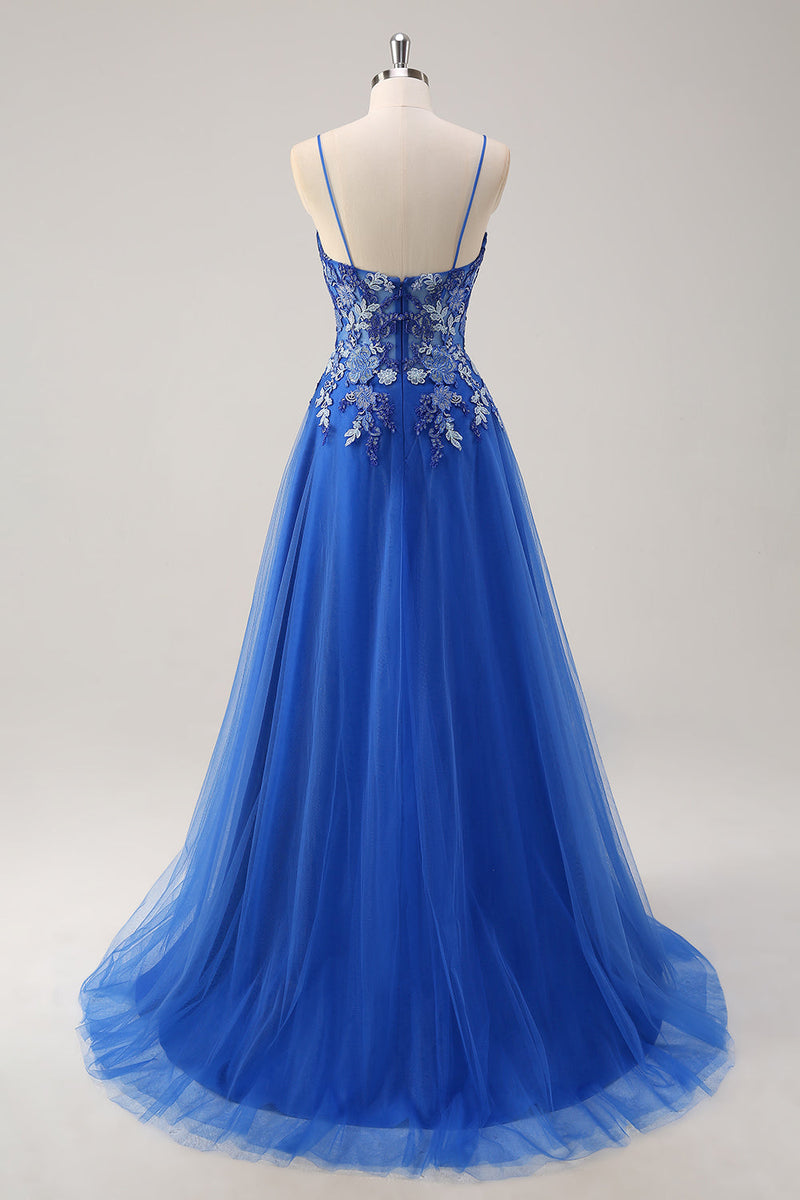 Load image into Gallery viewer, Royal Blue Tulle A-Line Spaghetti Straps Corset Long Prom Dress with Slit