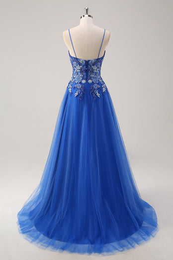 Royal Blue A Line Spaghetti Straps Corset Tulle Prom Dress With Appliques