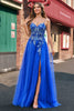 Load image into Gallery viewer, Royal Blue Tulle A-Line Spaghetti Straps Corset Long Prom Dress with Slit