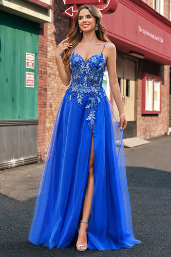 Royal Blue Tulle A-Line Spaghetti Straps Corset Long Prom Dress with Slit