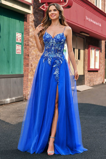 Royal Blue Tulle A-Line Spaghetti Straps Corset Long Prom Dress with Slit