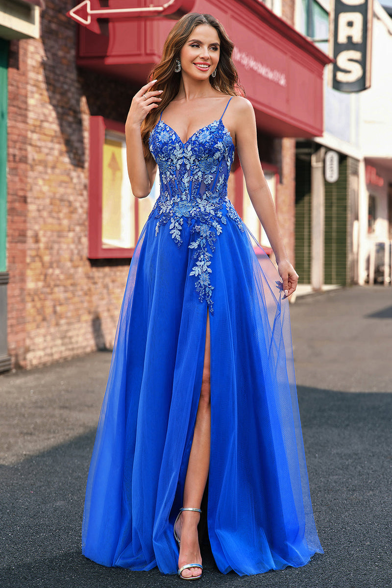 Load image into Gallery viewer, Royal Blue Tulle A-Line Spaghetti Straps Corset Long Prom Dress with Slit