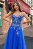 Load image into Gallery viewer, Royal Blue Tulle A-Line Spaghetti Straps Corset Long Prom Dress with Slit